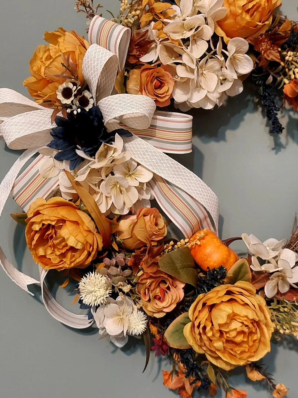 Hand Crafted Orange and Cream Autumn Floral Grapevine Wreath